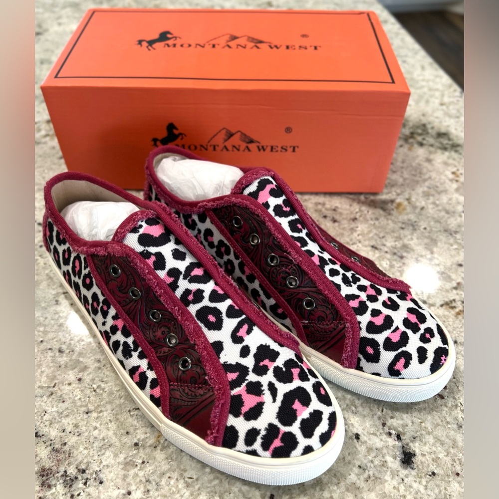 NWT Montana West Pink and Black Leopard Slip-on Sneakers